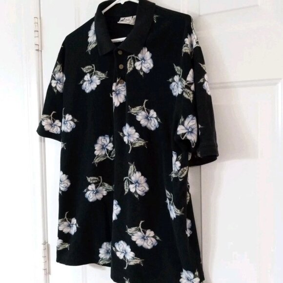 Cherokee Waikiki Wear Polo Shirt Men's Large Hawaiian Black Floral Short Sleeve - Picture 4 of 5